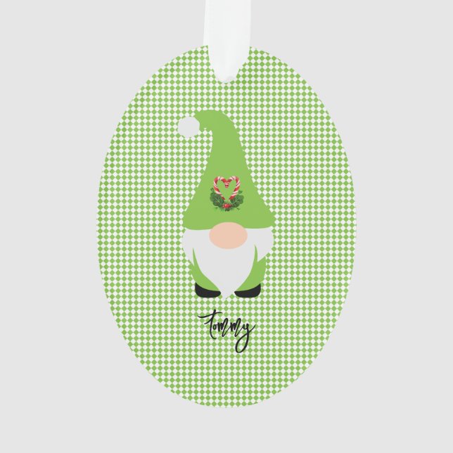 Green Gnome Checker NAME Year Christmas Fun Ornament (Back)