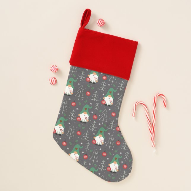 Green Gnome Christmas Tree Ornaments Pattern Christmas Stocking (Front)