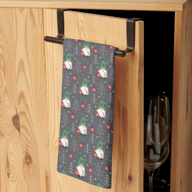 Green Gnome Christmas Tree Ornaments Pattern Kitchen Towel (Thirds Fold)