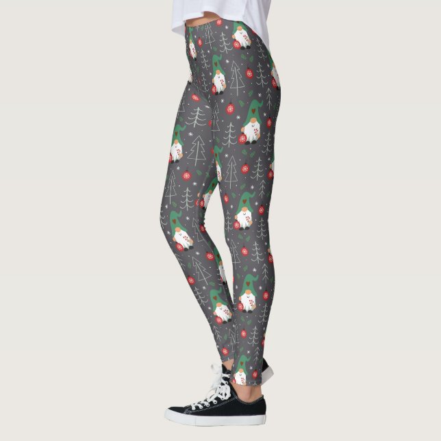 Green Gnome Christmas Tree Ornaments Pattern Leggings (Left)