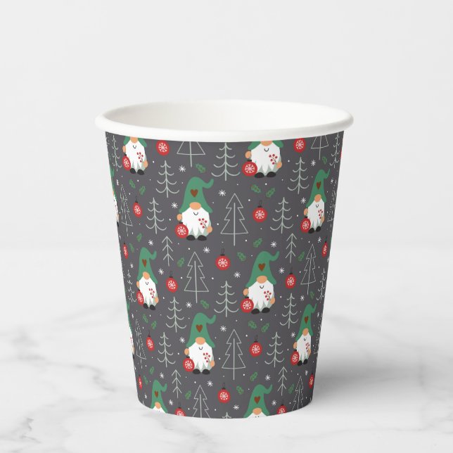 Green Gnome Christmas Tree Ornaments Pattern Paper Cups (Front)