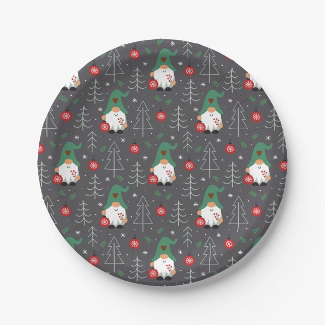 Green Gnome Christmas Tree Ornaments Pattern Paper Plates (Front)