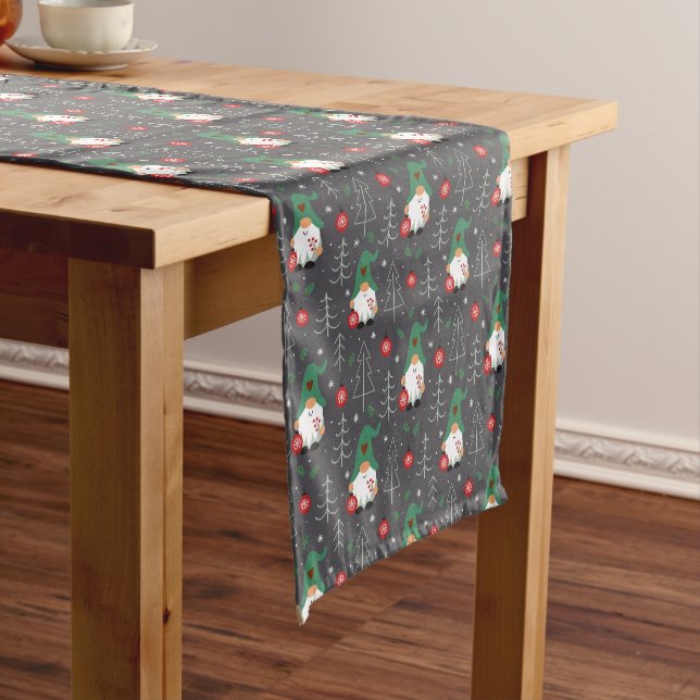 Green Gnome Christmas Tree Ornaments Pattern Short Table Runner (In Situ)