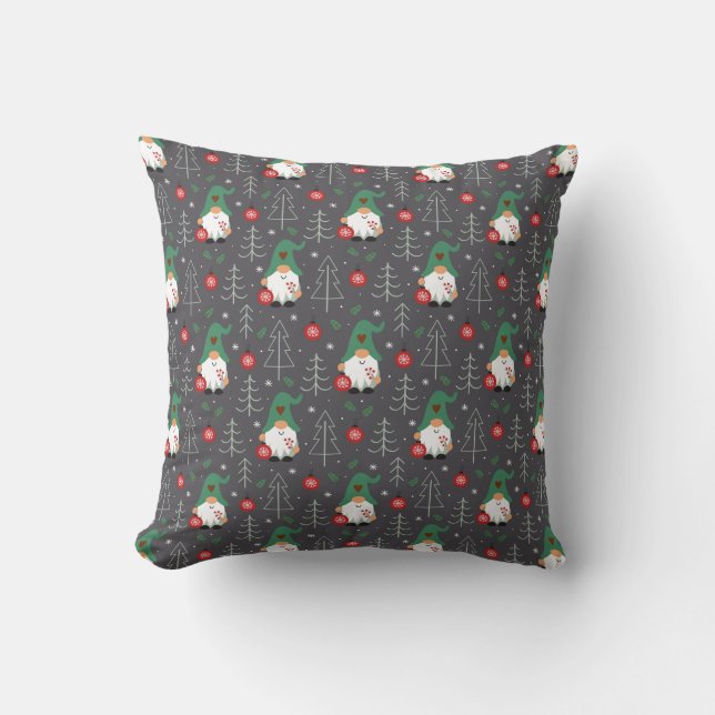 Green Gnome Christmas Tree Ornaments Pattern Throw Pillow (Front)