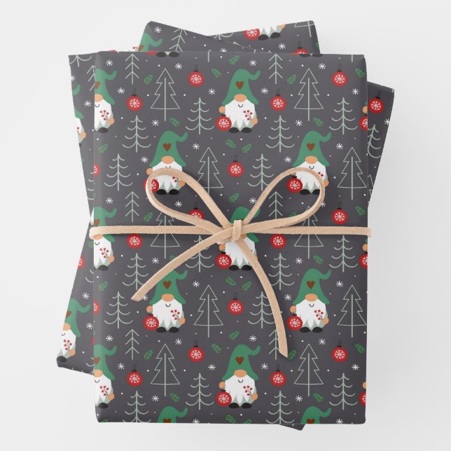Green Gnome Christmas Tree Ornaments Pattern Wrapping Paper Sheets (In situ)