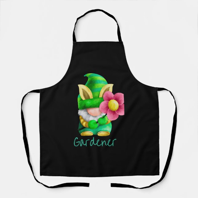 Green Gnome Gardener with Pink Flower   Apron (Front)