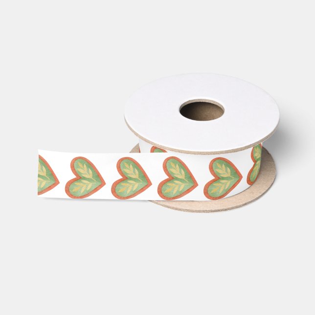 Green Gnome Heart Village on White Satin Ribbon (Spool)