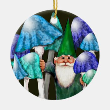 Green Gnome In Blue Mushrooms Ornament by AutumnRoseMDS at Zazzle