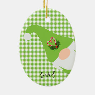 green gnome NAME candy cane heart checker holiday Ceramic Ornament