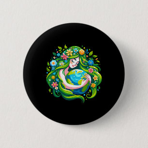 Green Goddess Earth Day Save Our Planet Women Girl Button