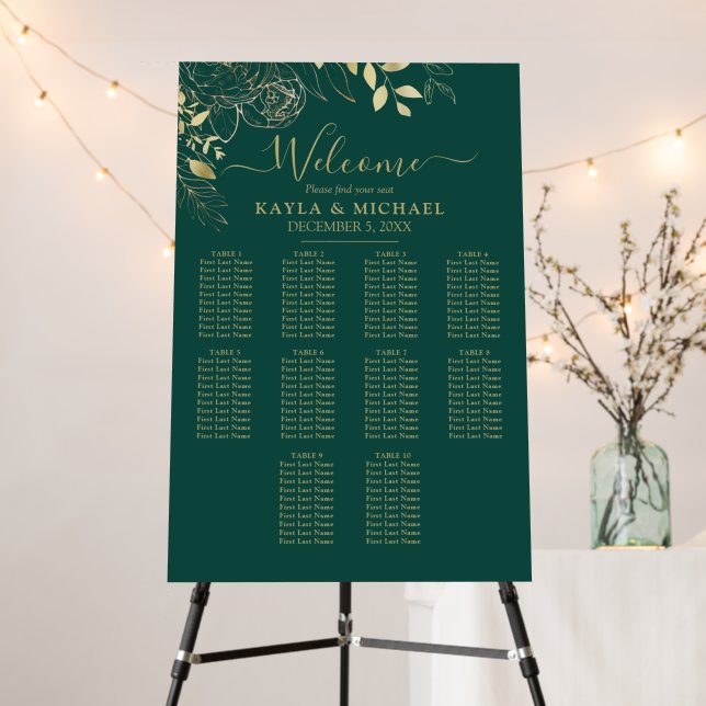 Green & Gold 10 Table Floral Wedding Seating Chart Foam Board (In Situ (Stand))