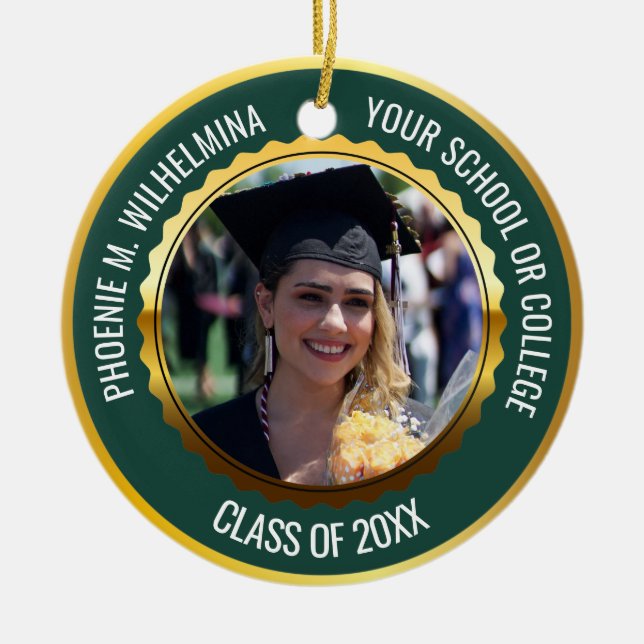 Green Gold 2 Photo Graduation Class of 2024 Ceramic Ornament (Front)