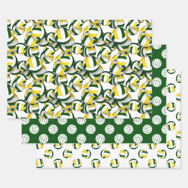 green gold 3 piece coordinating volleyball  wrapping paper sheets (Set)
