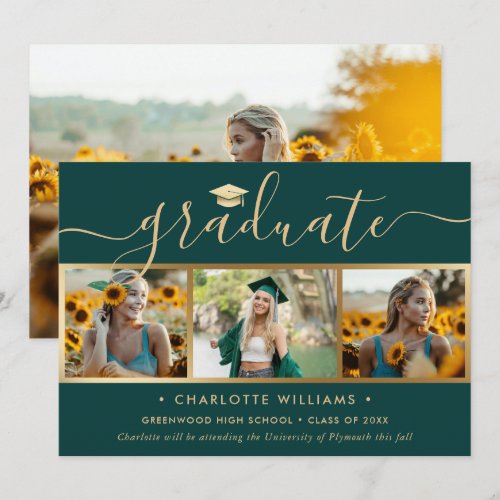 Green Gold 4 Photo Collage Script Graduation Announcement