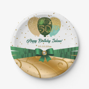 Green & Gold 50th Birthday Silk Balloon Paper Plates