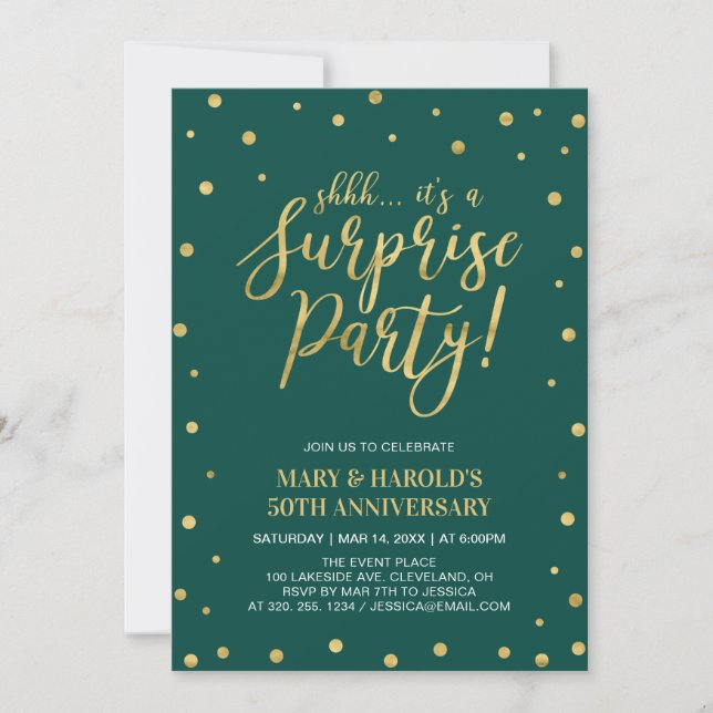 Green & Gold 50th Surprise Wedding Anniversary Invitation (Front)
