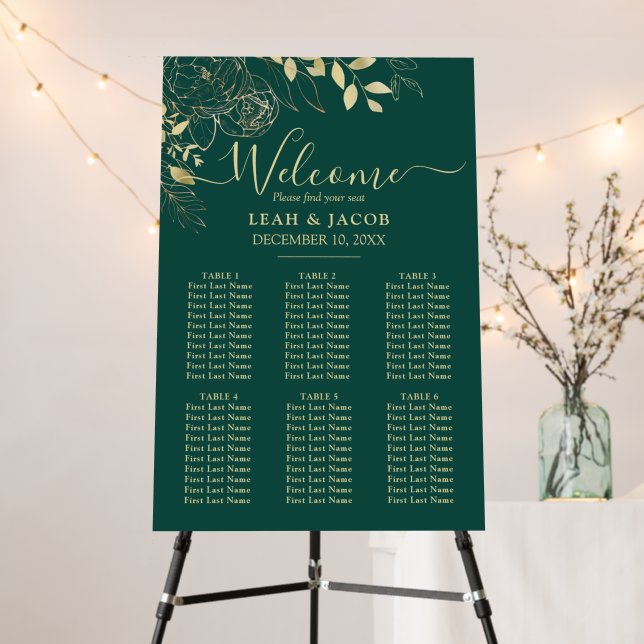 Green & Gold 6 Table Floral Wedding Seating Chart Foam Board (In Situ (Stand))