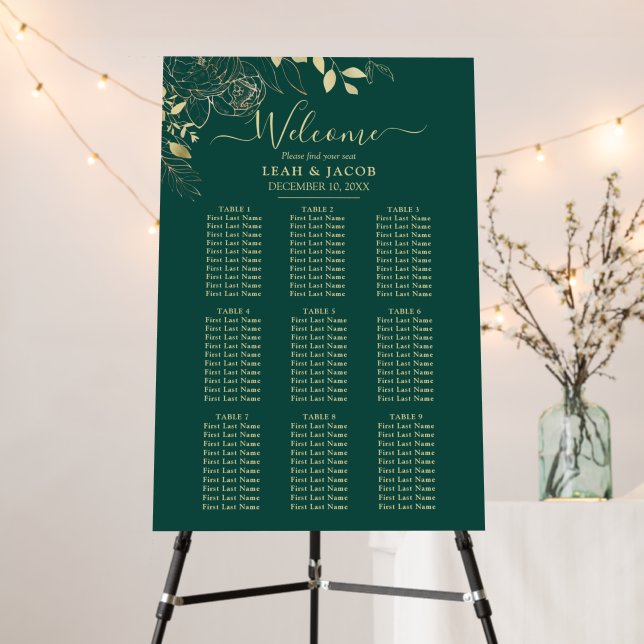 Green & Gold 9 Table Floral Wedding Seating Chart Foam Board (In Situ (Stand))
