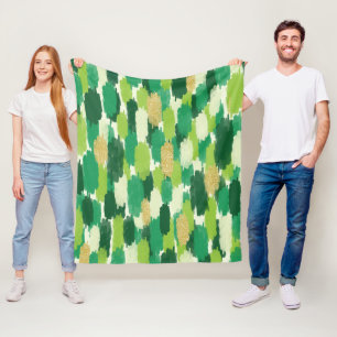 Green Gold Abstract Brushstrokes Pattern Fleece Blanket