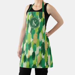 Green Gold Abstract Brushstrokes Pattern Monogram Apron