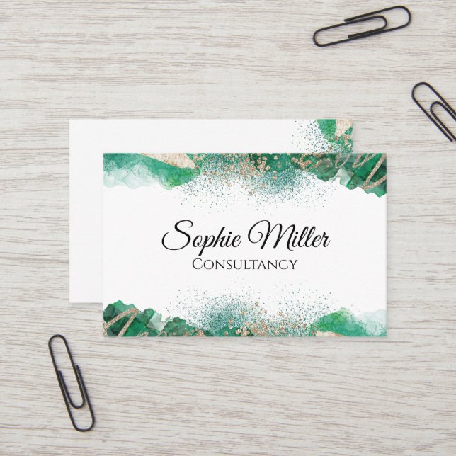Green Gold Abstract Custom Modern Business Card (Front/Back In Situ)