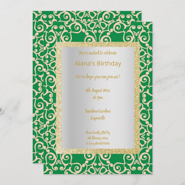 Green Gold Abstract Gold birthday Invitation (Front/Back)