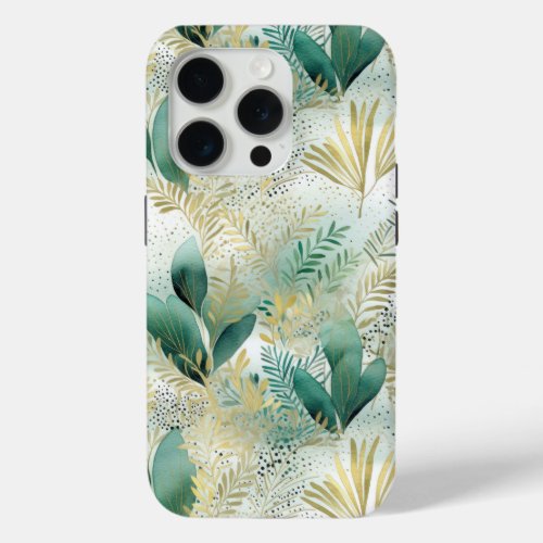 Green Gold Abstract Leaves iPhone 15 Pro Case