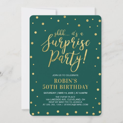 Green  Gold Adult 50th Surprise Birthday Party Invitation