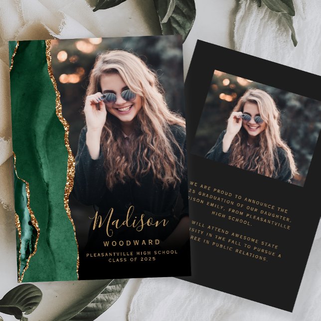 Green Gold Agate Dark Photo Grad Announcement (Creator Uploaded)