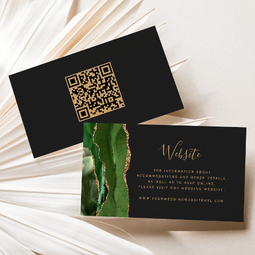 Green Gold Agate Dark Wedding Website QR Code Enclosure Card