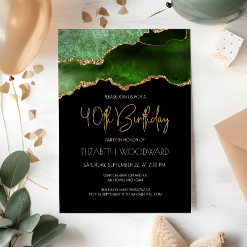 Green Gold Agate Geode 40th Birthday Party Invitation