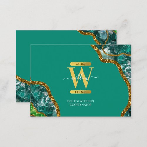Green  Gold Agate Geode Glitter Monogram Marble  Business Card