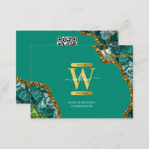 Green Gold Agate Geode Glitter Monogram QR Code Business Card