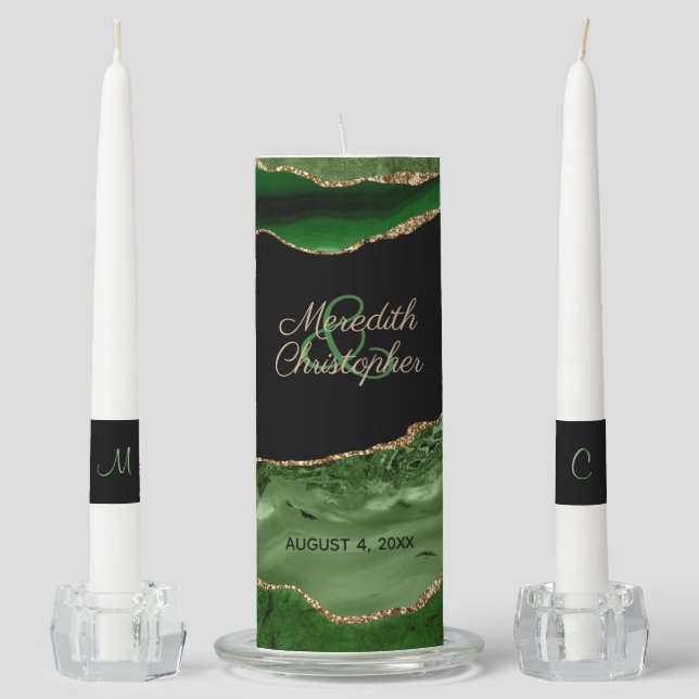 Green Gold Agate Glitter Wedding Unity Candle Set (Front)