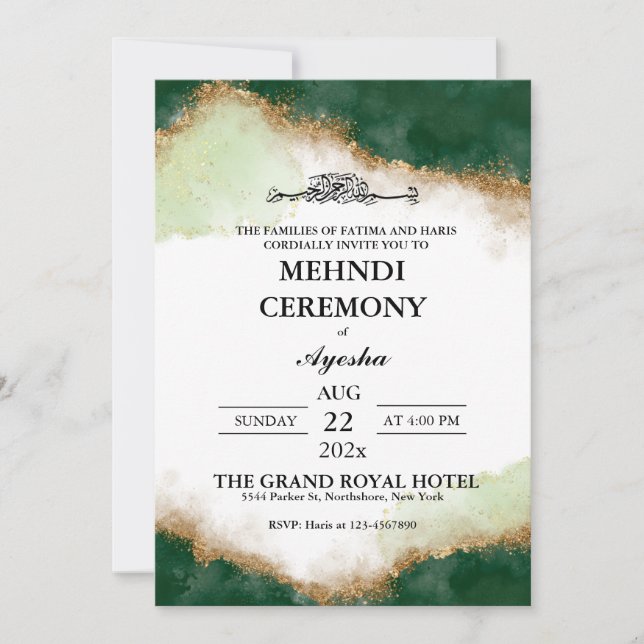 Green Gold Agate Islamic Wedding Mehndi  Invitation (Front)
