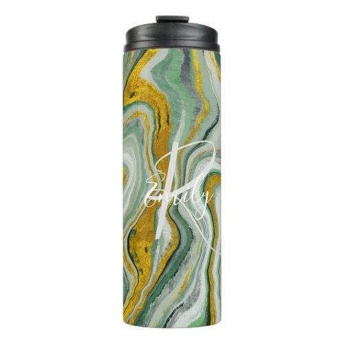 Green  Gold Agate Marble Abstract Name Monogram Thermal Tumbler