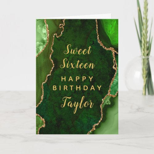 Green Gold Agate Sweet Sixteen Happy Birthday Card