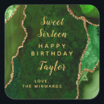 Green Gold Agate Sweet Sixteen Happy Birthday Square Sticker<br><div class="desc">This elegant and glamorous sticker can be personalized with a name or title such as daughter,  granddaughter,  niece,  friend etc. The design features a green agate marble background with faux gold glitter accents. The text combines handwritten script and modern sans serif fonts for a classy and sophisticated look.</div>