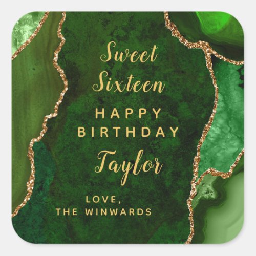 Green Gold Agate Sweet Sixteen Happy Birthday Square Sticker