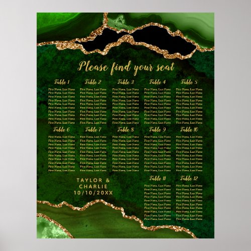 Green Gold Agate Wedding 12 Tables Seating Chart