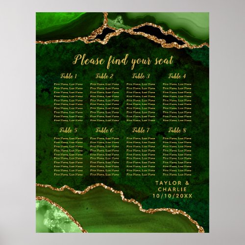 Green Gold Agate Wedding 8 Tables Seating Chart