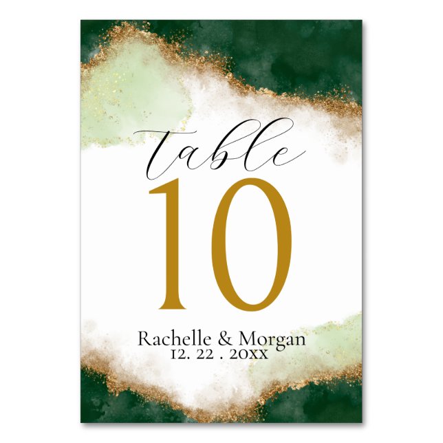 Green & Gold Agate Wedding Table Number Card (Front)