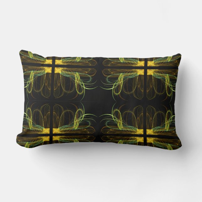Green, Gold and Black Abstract Fractal Pillow (Front)