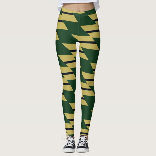 Green Gold and Navy Geometric Patterned Leggings (Front)