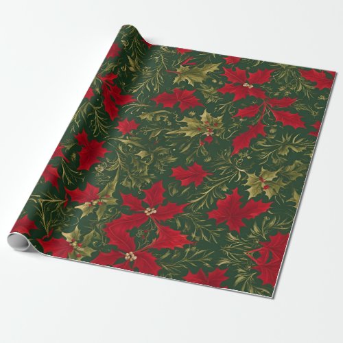 Green Gold and red Christmas Holly Flower Wrapping Paper
