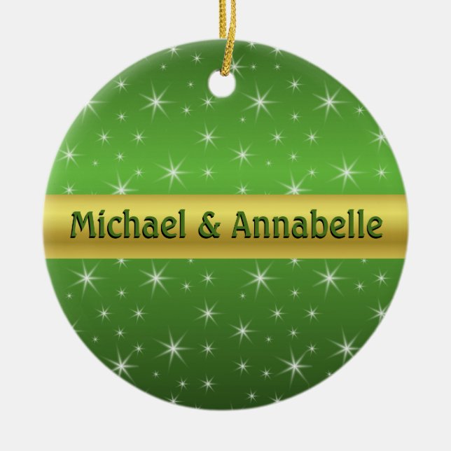 Green, Gold and Stars Personalized Ceramic Ornament (Front)