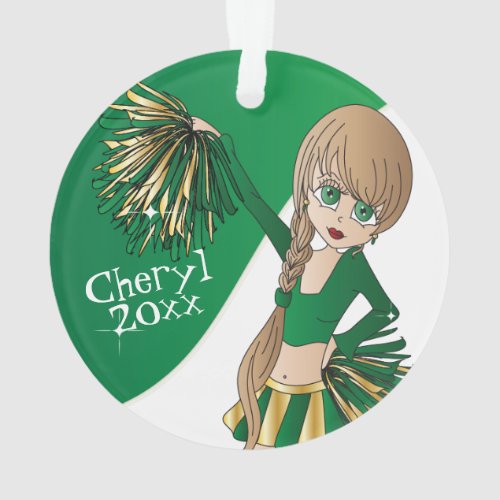 Green Gold and White Cheerleader Girl  Ornament