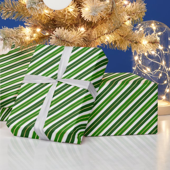 Green, Gold and White Christmas Stripes Wrapping Paper (Holidays)