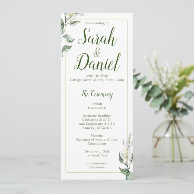 Green, Gold and White Floral Wedding Program (Standing Front)