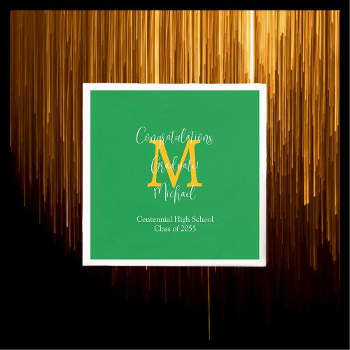 Green Gold and White Graduation Name Monogram  Napkins